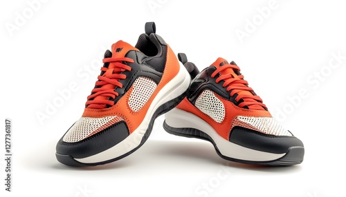 Stylish orange and black sneakers displayed on white background