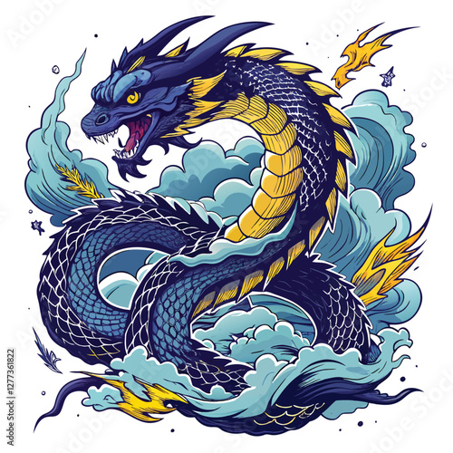 A colossal sea serpent, scales shimmering, coils through turbulent storm clouds, lightning illuminating its serpentine form.