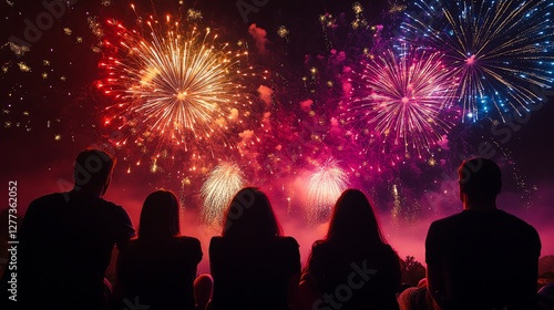 A group of friends silhouetted against a vibrant fireworks display, celebrating under a night sky filled with red, gold, and purple bursts of joy.