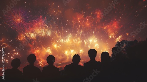 A group of friends silhouetted against a vibrant fireworks display, celebrating under a night sky filled with red, gold, and purple bursts of joy.