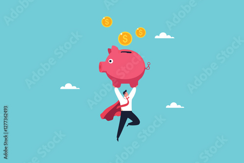 Financial Superhero, A Businessman Lifting a Giant Piggy Bank as Coins Fall from the Sky, Symbolizing Wealth Growth and Smart Savings