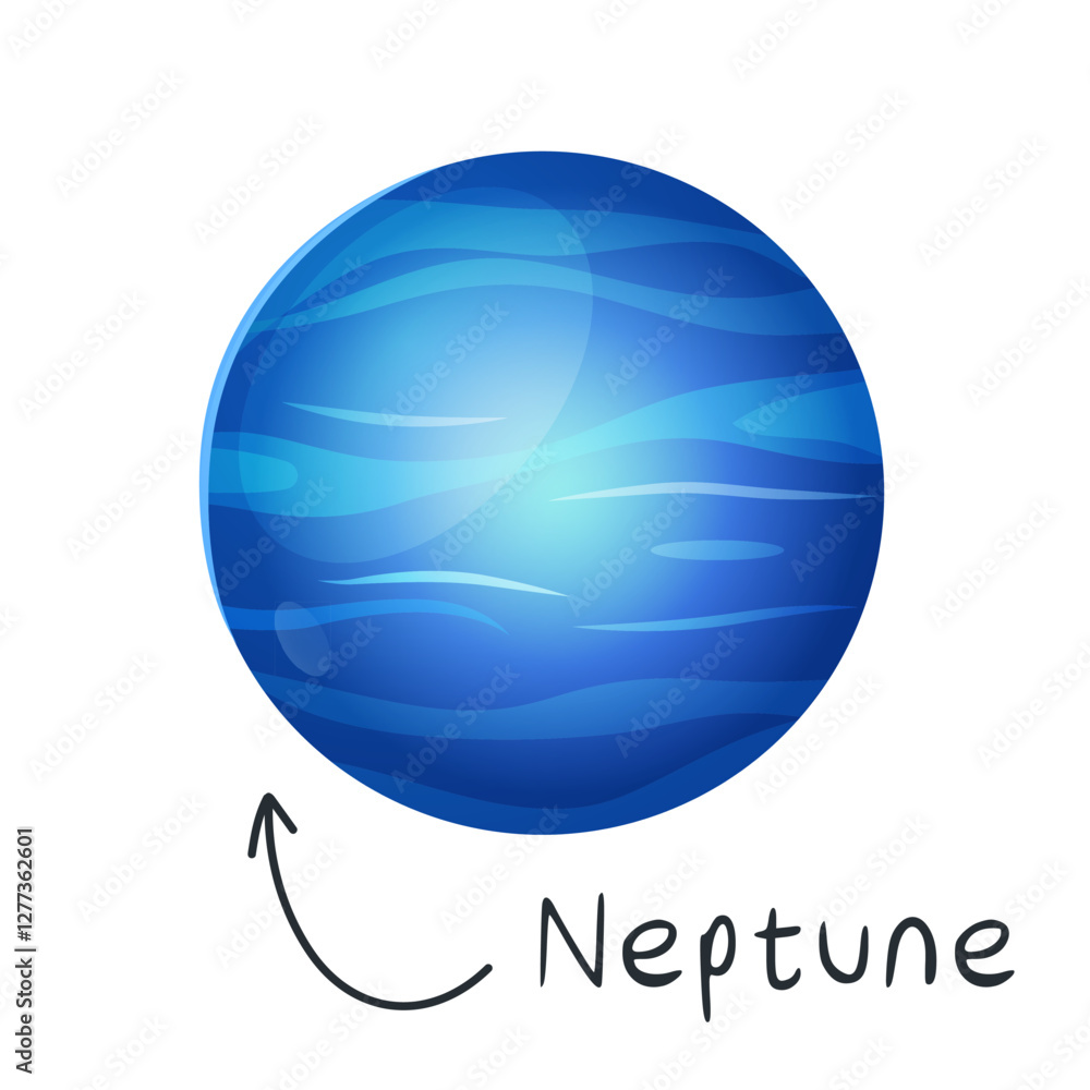 Colorful cartoon Neptune planet with lettering and doodle arrow isolated on white background.
