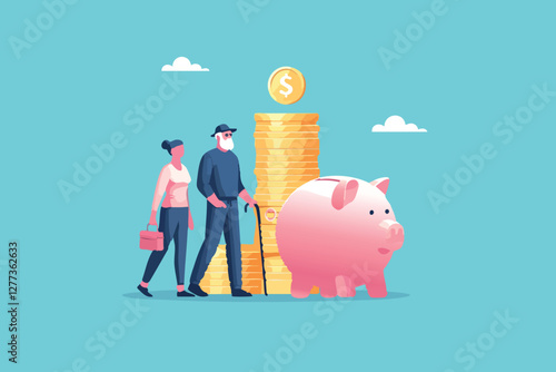 Prosperous Golden Years, Wealthy Senior Couple Standing Proudly with Stacks of Dollar Coins and a Pink Piggy Bank