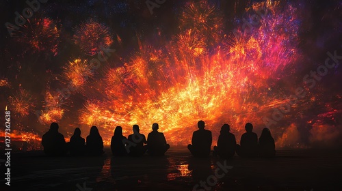 A group of friends silhouetted against a vibrant fireworks display, celebrating under a night sky filled with red, gold, and purple bursts of joy.