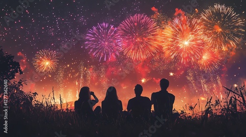A group of friends silhouetted against a vibrant fireworks display, celebrating under a night sky filled with red, gold, and purple bursts of joy.