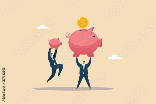 Financial Aspirations, A Businessman Holding a Small Piggy Bank While Eyeing a Larger Pension Fund for Future Security
