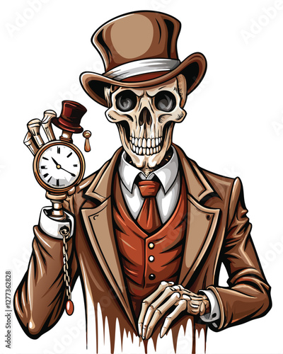 A dapper skeleton, top hat perched jauntily, holds a pocket watch,  exuding Victorian-era elegance in a darkly humorous illustration.