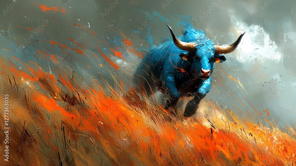 Fototapeta premium Powerful Blue Bull Charging Through Field Dramatic Artwork