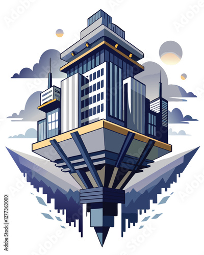 An impossible skyscraper, inverted and floating serenely amidst a surreal, cloud-filled sky.  Detailed architectural elements are visible.
