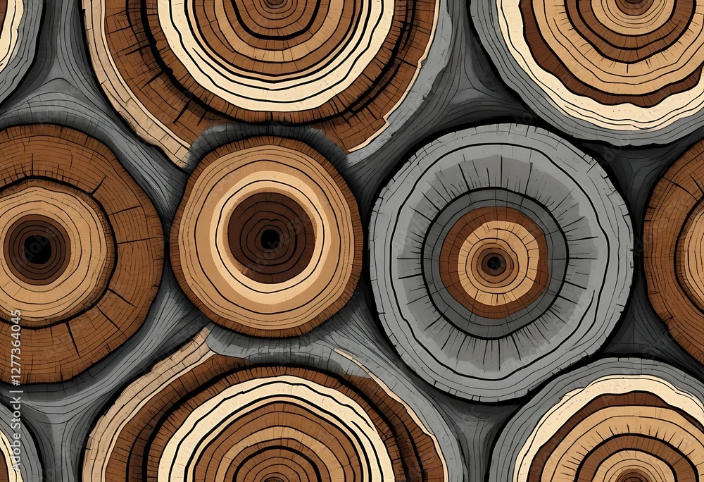 Stylized Wood Slice Pattern with Varied Tones and Textured Appearance Stylized Wood Slice Pattern with Varied Tones and Textured Appearance