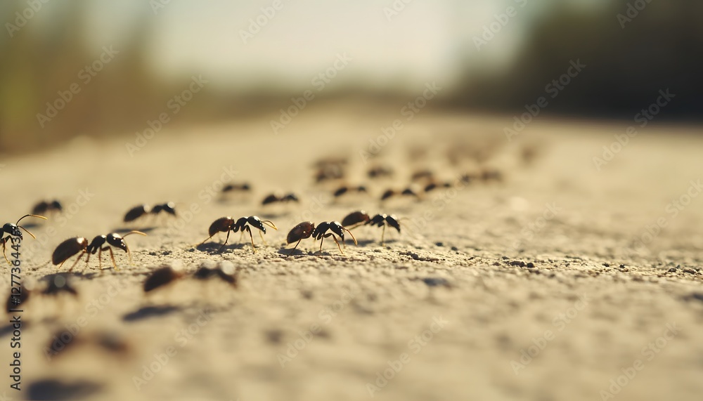 Obraz premium Ants march across ground in a busy and industrious line