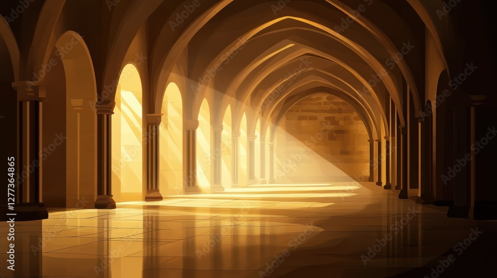 Obraz premium Sunlit Arched Hallway with Shadows and Warm Light Effects