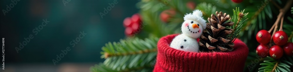 Obraz premium A single snowman pinecone nestled among red berries in a Christmas stocking, evergreen, snowman