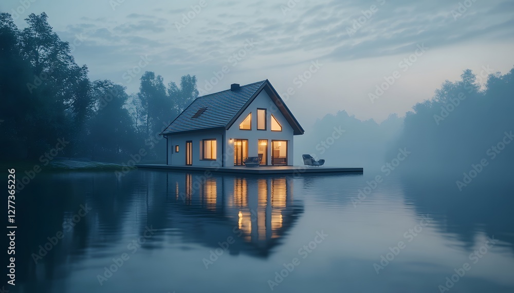 Fototapeta premium Isolated modern house reflects in calm water during dusk