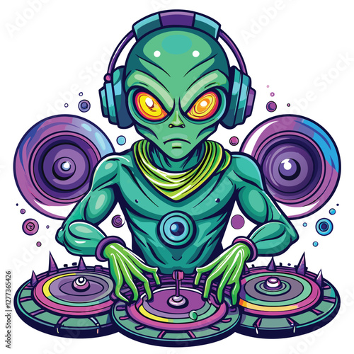 A three-eyed alien DJ, vibrant green skin, spinning luminous discs at a futuristic rave.  Intricate details, 8k resolution.