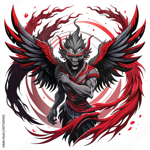 Wallpaper Mural A majestic Tengu, a mythical Japanese creature, with wings dissolving into elegant ink strokes, fading into nothingness.  Depict ethereal beauty and impermanence. Torontodigital.ca