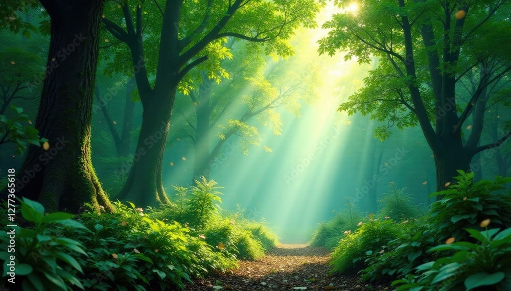 Obraz premium Dappled light filtering through a lush forest, surreal, luxury abstract background