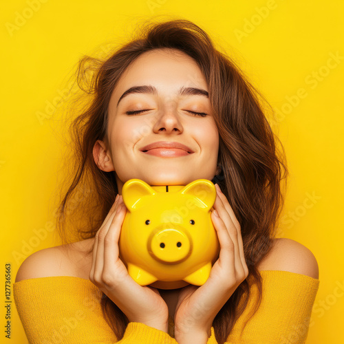 Celebrating savings young woman with piggy bank bright yellow background lifestyle photo joyful concept