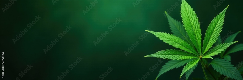 Dark green background with large and mutated cannabis leaf, botanical, nature Dark green background with large and mutated cannabis leaf, botanical, nature
