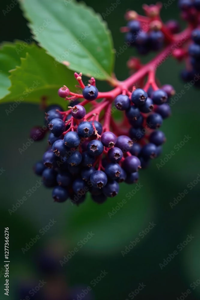 Dark purple elderberry berries on Sambucus nigra branches, flowers, botanical, wild Dark purple elderberry berries on Sambucus nigra branches, flowers, botanical, wild