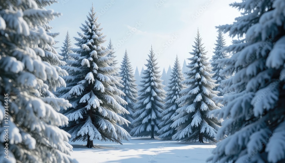 Fototapeta premium Snow Covered Pine Trees in Winter Forest on Sunny Day