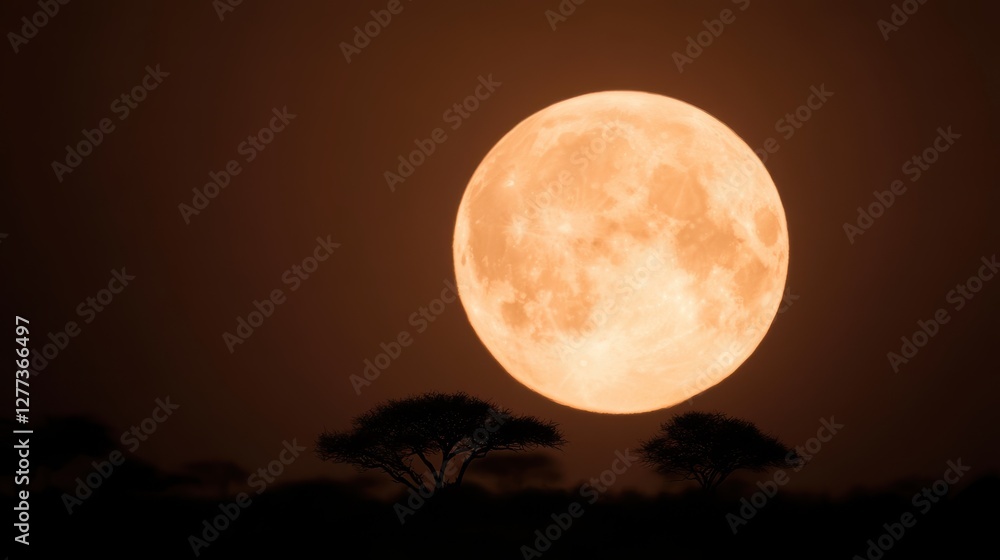 Strawberry moon glowing above silhouettes of trees in the quiet field Strawberry moon glowing above silhouettes of trees in the quiet field