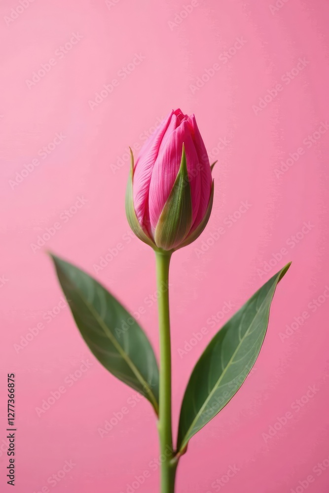 Fototapeta premium Delicate flower bud unfolding on a soft pink background, background, growth, color