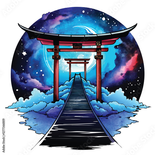 Surreal image of a solitary, floating torii gate in a boundless, ethereal expanse, leading to nothing.