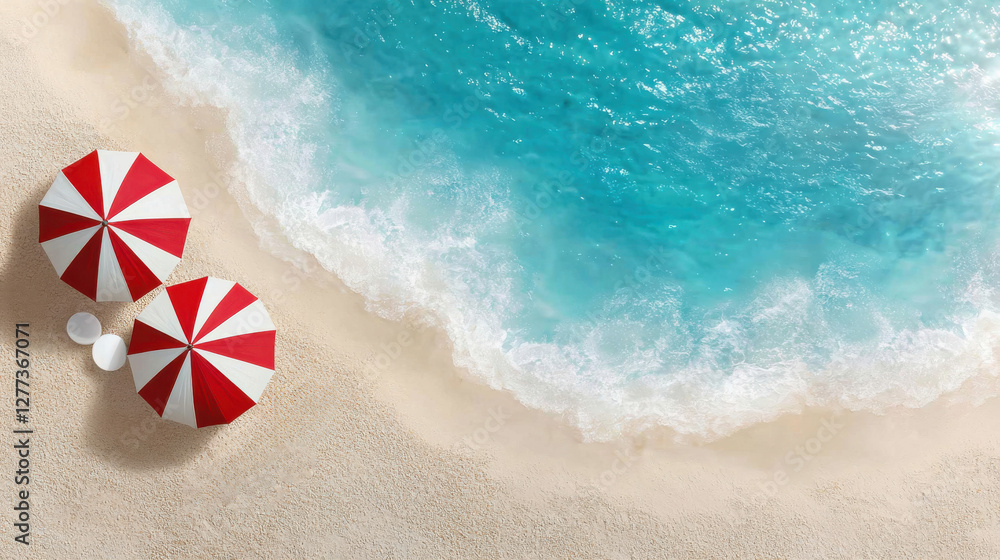 Naklejka premium A famous tropical beach destination with tourists relaxing under umbrellas, concept of travel and leisure