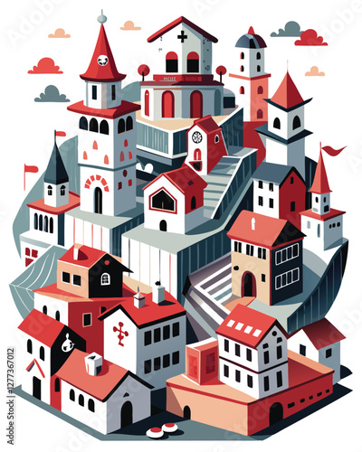 Whimsical town illustration each building uniquely styled as a different playful instrument; vibrant colors, cartoonish style.