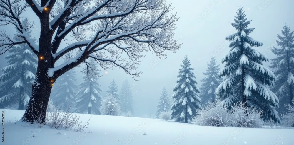 Frosty tree branches stretch towards the grey sky, snowy forest, snowflakes Frosty tree branches stretch towards the grey sky, snowy forest, snowflakes
