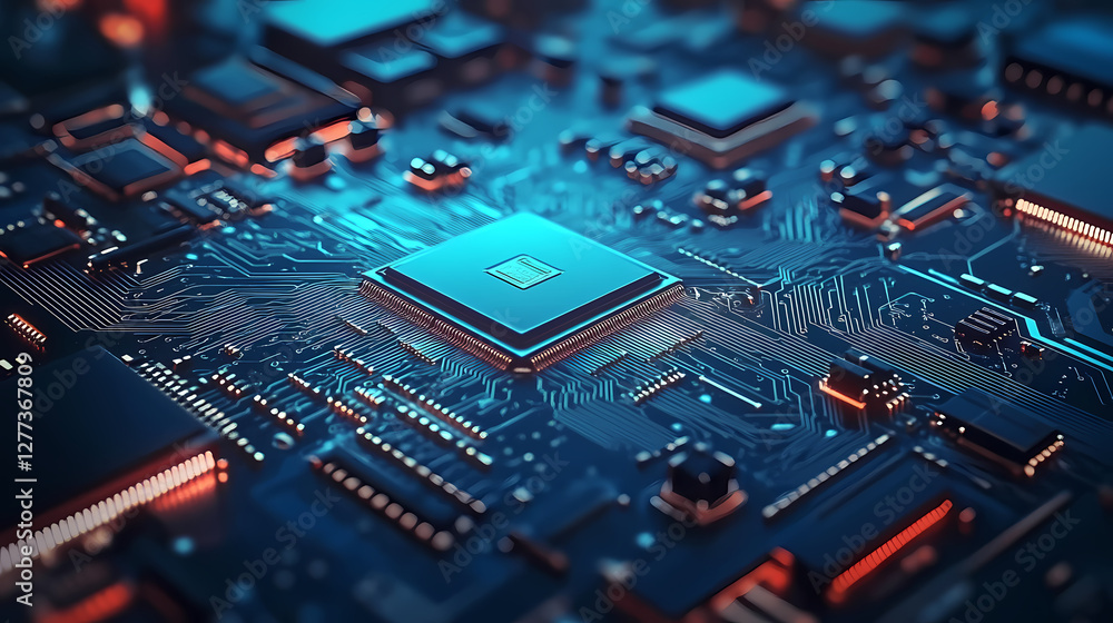 Fototapeta premium Macro Shot of Circuit Board with Central Chip