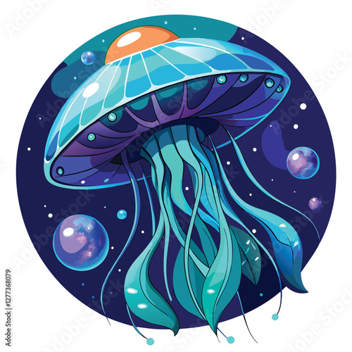 A bioluminescent jellyfish, shaped like a classic UFO, drifts serenely through a nebula.  Its tentacles trail behind, glowing faintly.