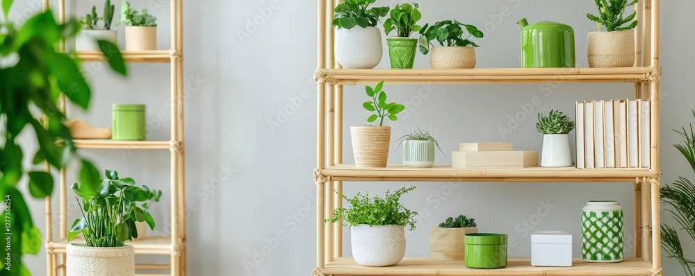 Bamboo bookshelf filled with plants and eco-friendly decor items, bamboo furniture, green living interior Bamboo bookshelf filled with plants and eco-friendly decor items, bamboo furniture, green living interior