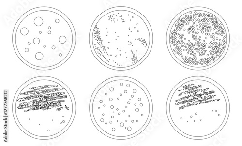 Petri dishes cultures in black and white. Cell-culture dish with bacterial colonies outline illustration. Petri plate with different colonies for coloring page. Set of bacterial culture illustration