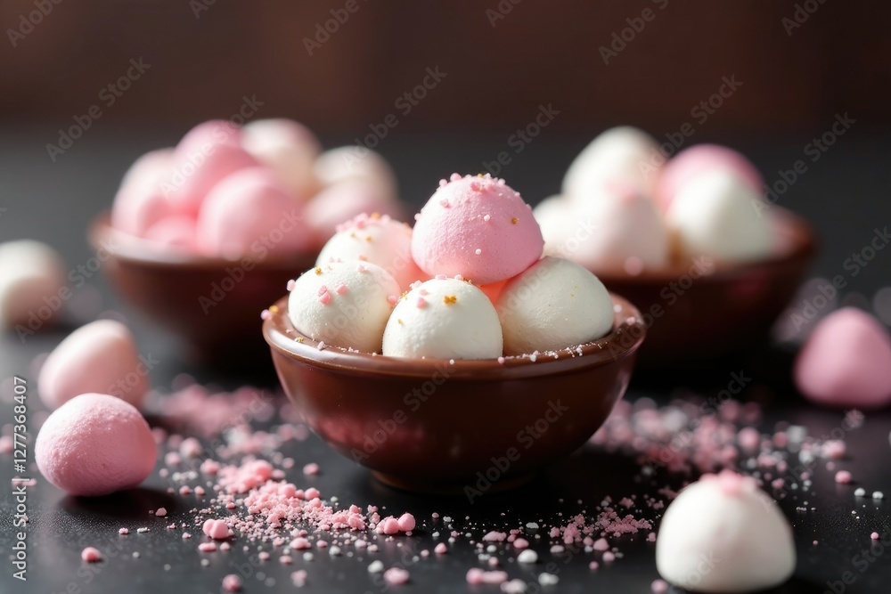 Miniature chocolate bowls containing fluffy mini marshmallows and edible glitter, glitter, luxury, miniature Miniature chocolate bowls containing fluffy mini marshmallows and edible glitter, glitter, luxury, miniature