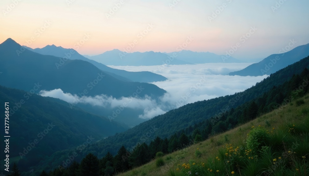 Fototapeta premium Misty morning light creeps over the mountain peaks with cloudy valleys below, clouds, peaceful, natural