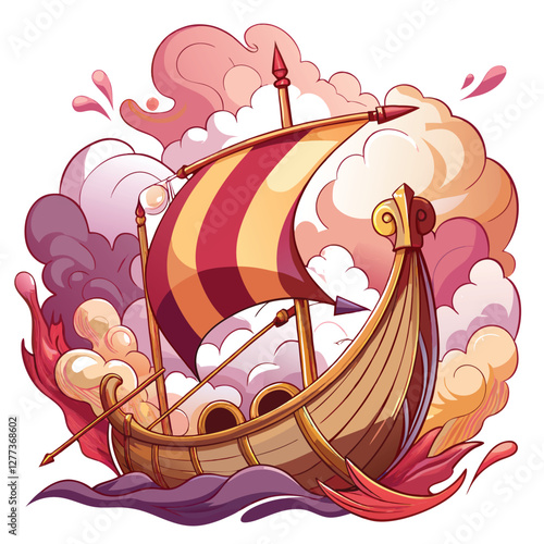 A majestic Viking longship sails through surreal, fluffy clouds, a single raven perched on its mast. OA (1) subtly integrated.