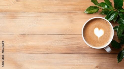 Wallpaper Mural Warm cup of coffee resting on a wooden surface with a heart design Torontodigital.ca