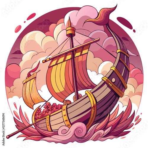 A majestic Viking longship sails through ethereal clouds, its oars cutting through mist; a breathtaking fantasy scene.
