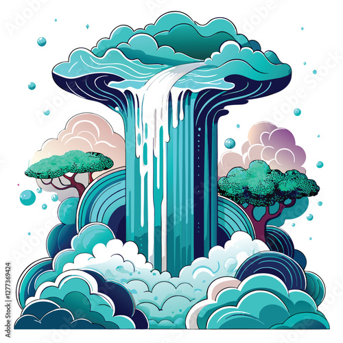 Surreal landscape depicting a powerful waterfall defying gravity, flowing upwards against a dramatic, vibrant sky.  Water droplets shimmer, light refracts.