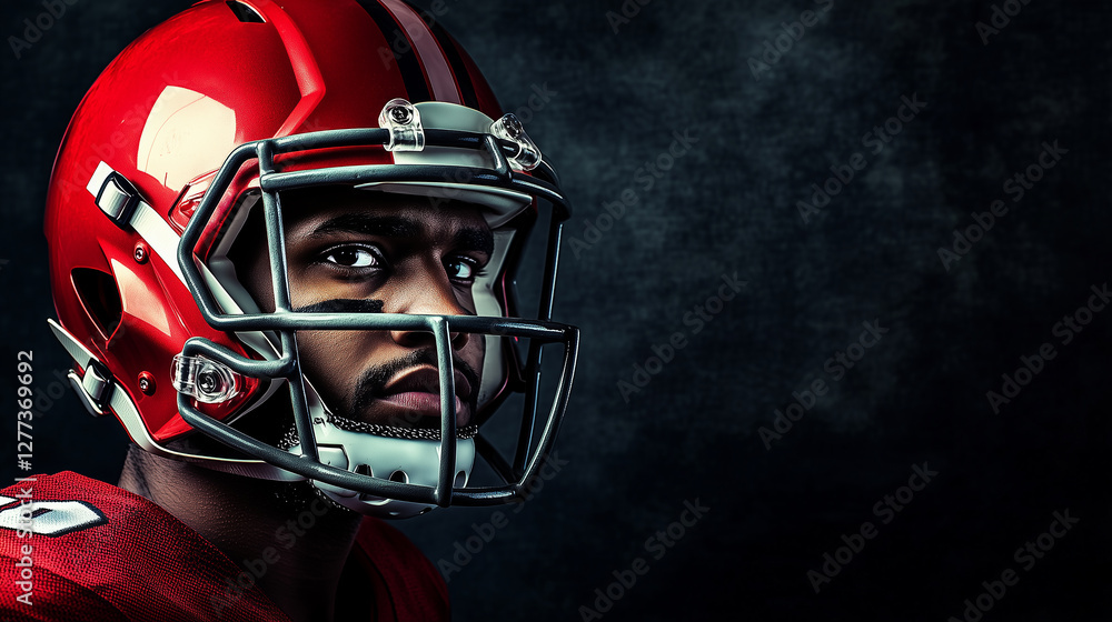 American Football Player Portrait with Dramatic Side Lighting and Black Background American Football Player Portrait with Dramatic Side Lighting and Black Background