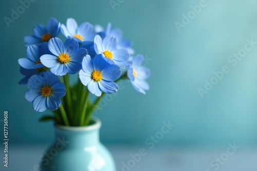 Wallpaper Mural Small blue flowers with yellow centers in a vase, closeup, vase, floral Torontodigital.ca