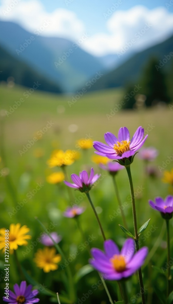 Fototapeta premium Small yellow and purple striped flowers blooming in the wild, purple, thymus, landscape