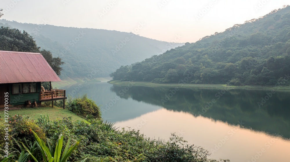 Fototapeta premium Serene Lake Bungalow Eco Friendly Hilltop Retreat Sunrise