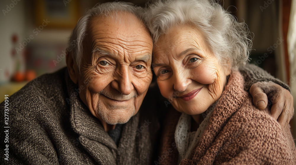 Warm Portrait of Elderly Couple Smiling with Soft Window Light and Blurred Background Warm Portrait of Elderly Couple Smiling with Soft Window Light and Blurred Background