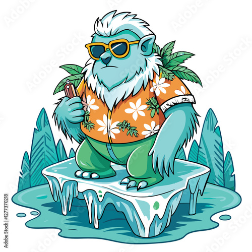 A jovial Yeti, sporting cool sunglasses and a vibrant Hawaiian shirt, relaxes in a snowy mountain scene.