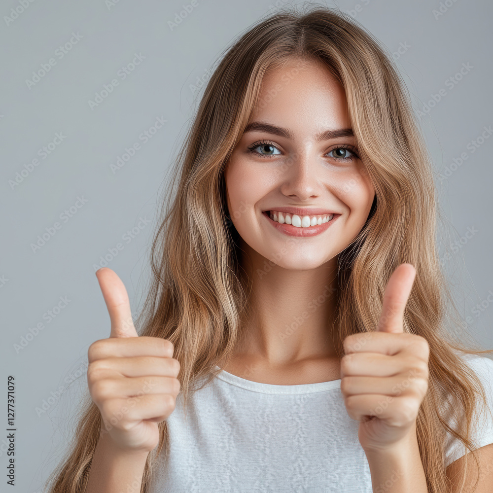 Joyful young woman smiling with thumbs up studio setting portrait photography positive vibes Joyful young woman smiling with thumbs up studio setting portrait photography positive vibes