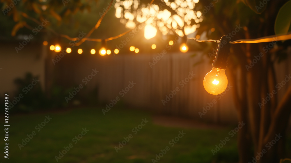 Outdoor String Lights Creating Warm Evening Glow in Blurred Backyard Ambiance Outdoor String Lights Creating Warm Evening Glow in Blurred Backyard Ambiance