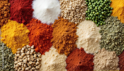 Fototapeta Naklejka Na Ścianę i Meble -  Vibrant Assortment of Colorful Spices and Herbs on Wooden Surface